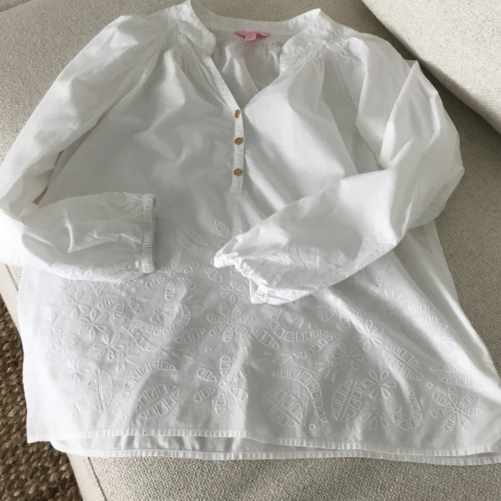 Lilly Pulitzer White Embroidered Cotton Tunic Blouse